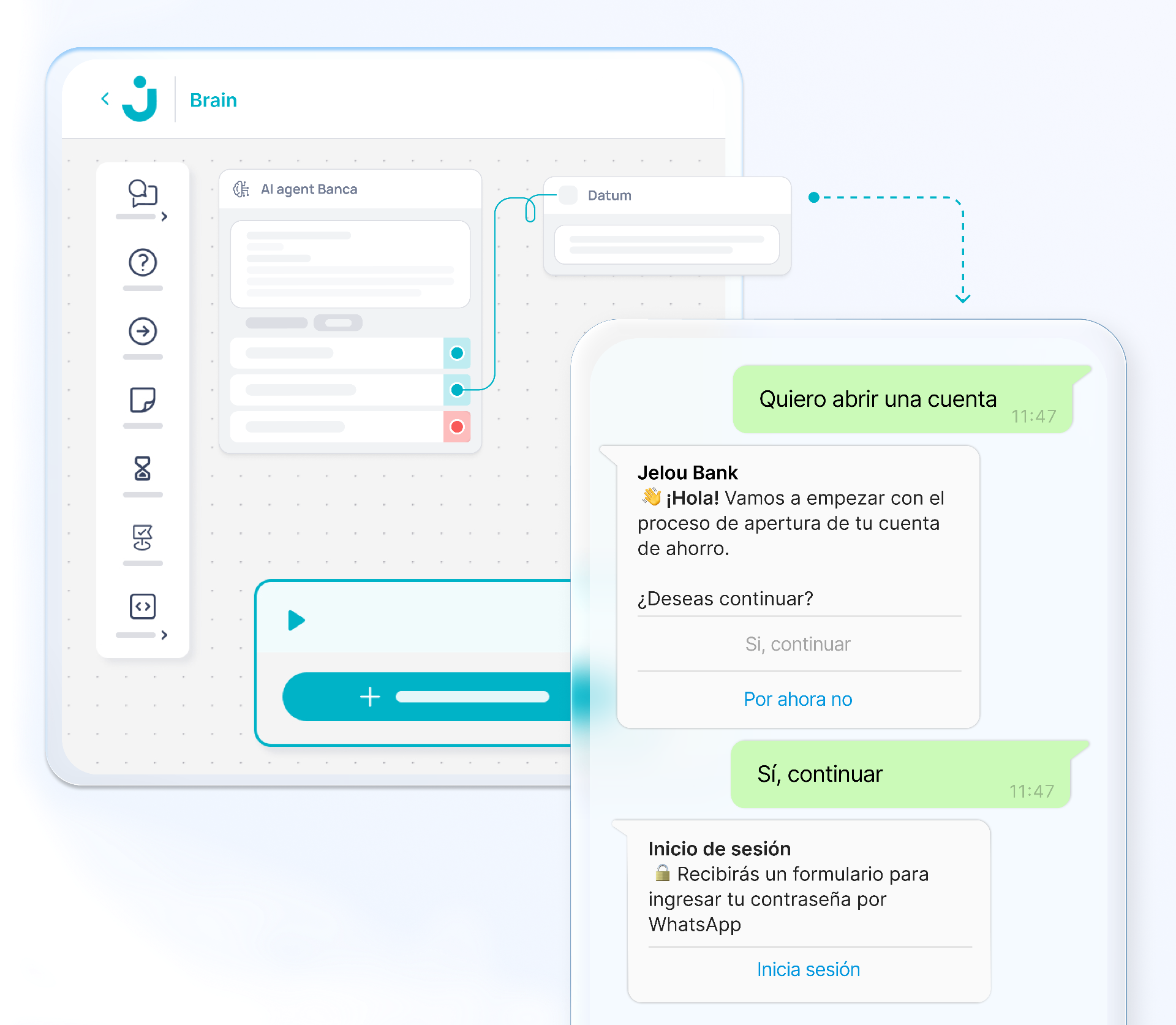 Constructor visual de flujos de Jelou conectado a una conversación de WhatsApp